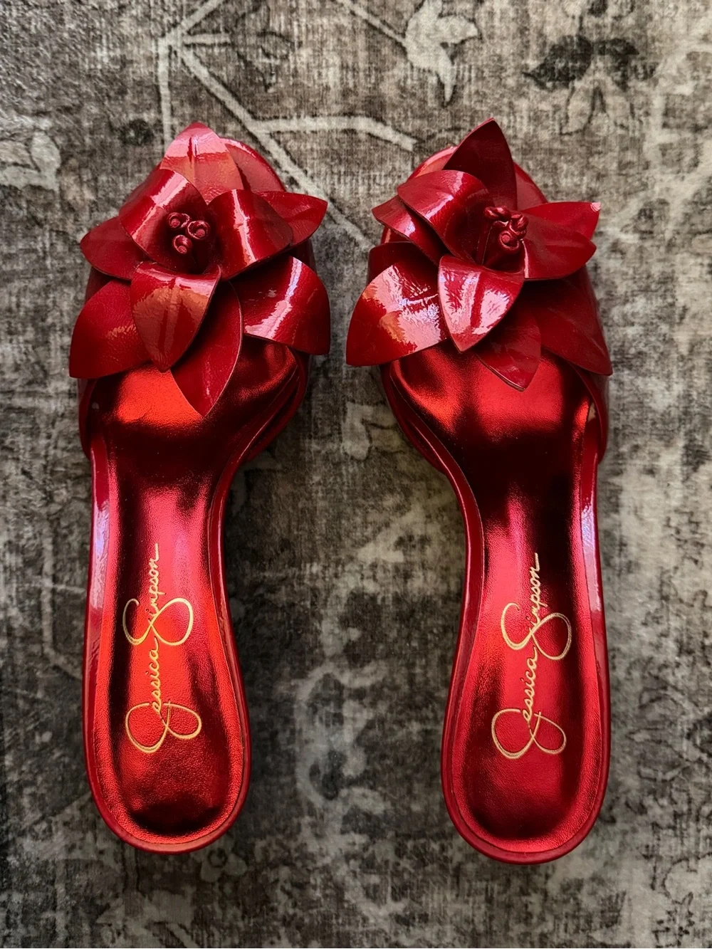 Jessica Simpson Rubi Red Patent Flower Peep Toe Heels Pumps Size 10
